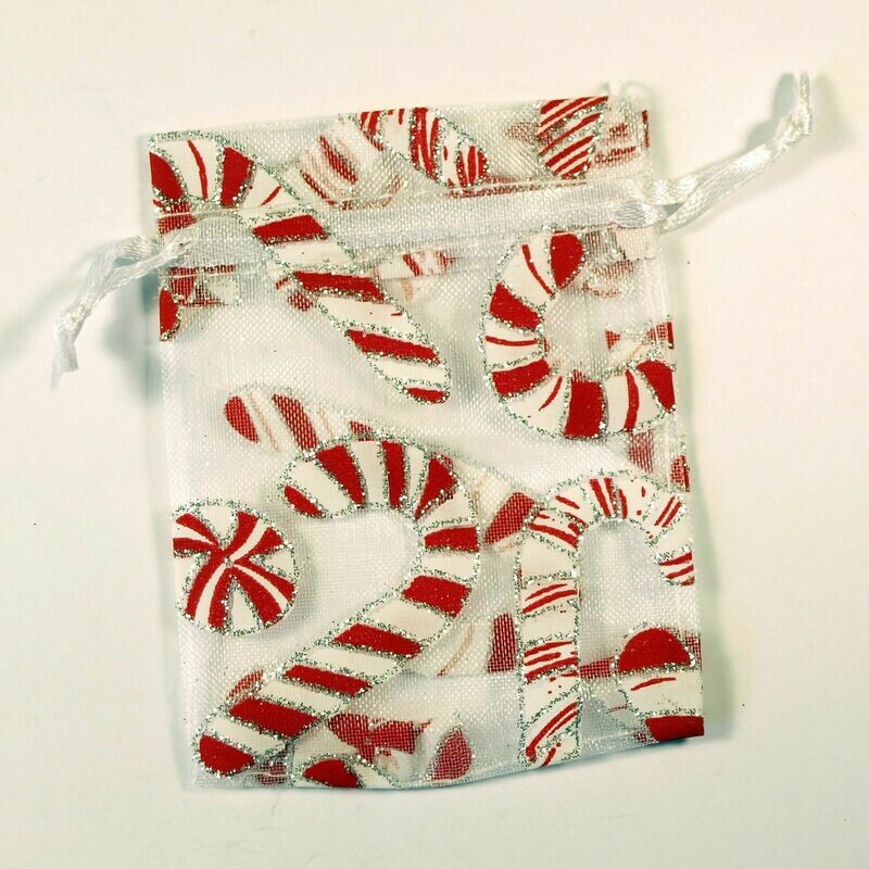 3 sachets en organza blanc décor cannes sucre d'orge rouges de Noël  9 x 7 cm