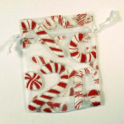3 sachets en organza blanc décor cannes sucre d'orge rouges de Noël 9 x 7 cm