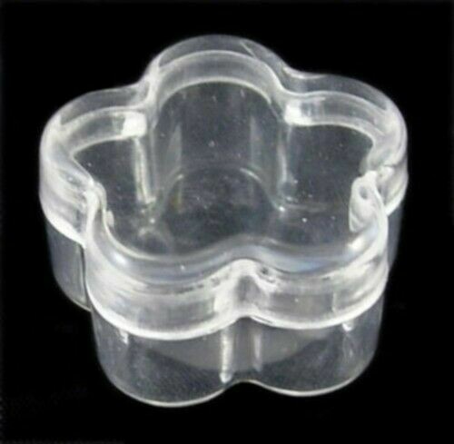 Lot de 6 petites BOITES EN PLASTIQUE transparent en forme de FLEUR  3,1 x 1,8 cm