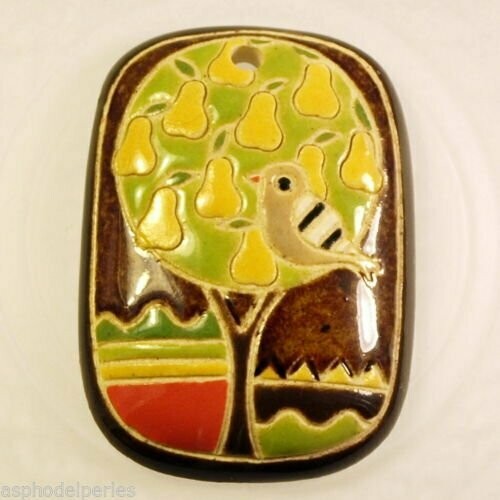 Pendentif en céramique rectangle gravé et peint à la main oiseau poirier 3x4,3cm
