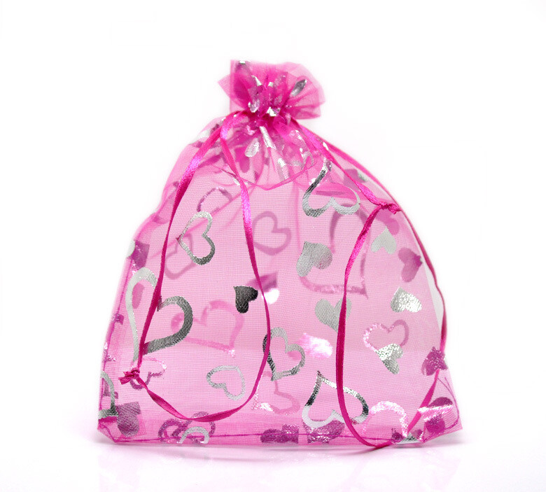 3 sachets en organza  rose décor coeurs argentés 16 x 13 cm