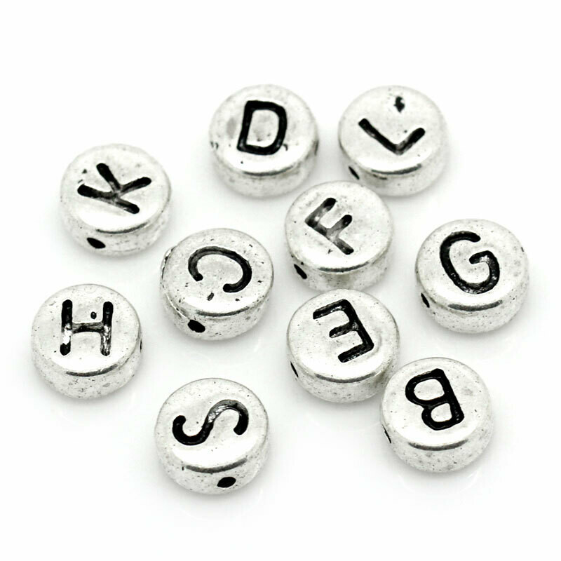 Lot de 500 perles disque argentées lettres  alphabet 7 mm -10%