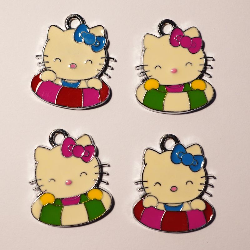 4 pendentifs breloques émaillés petit chat avec bouée 22 x 25 mm