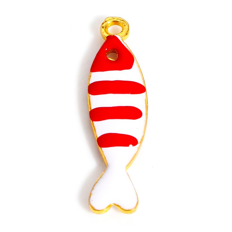 2 pendentifs breloques émaillés poisson rayé rouge 26 x 7 mm