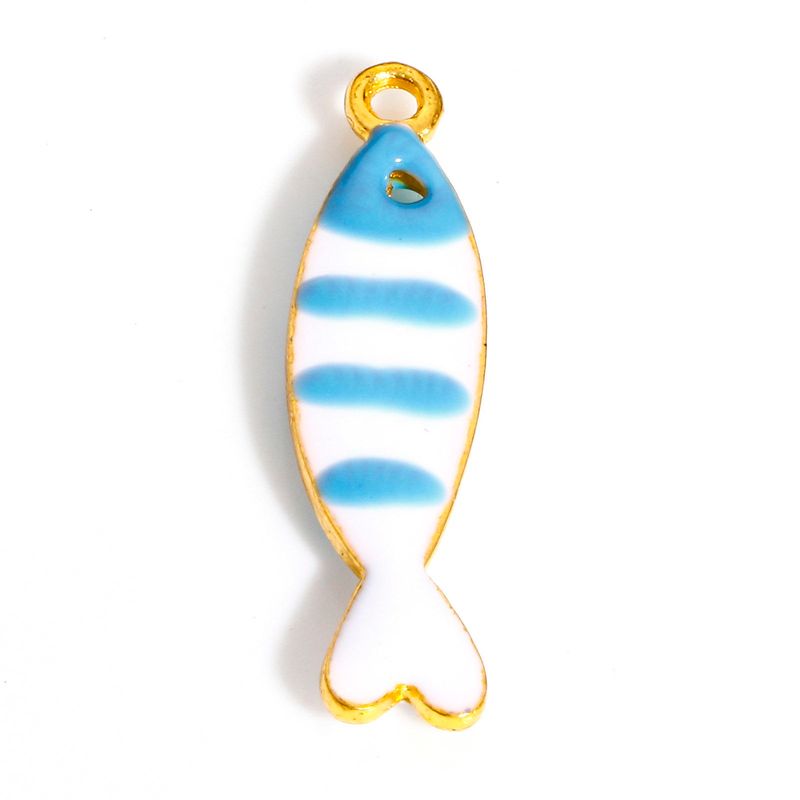 2 pendentifs breloques émaillés poisson rayé bleu turquoise 26 x 7 mm