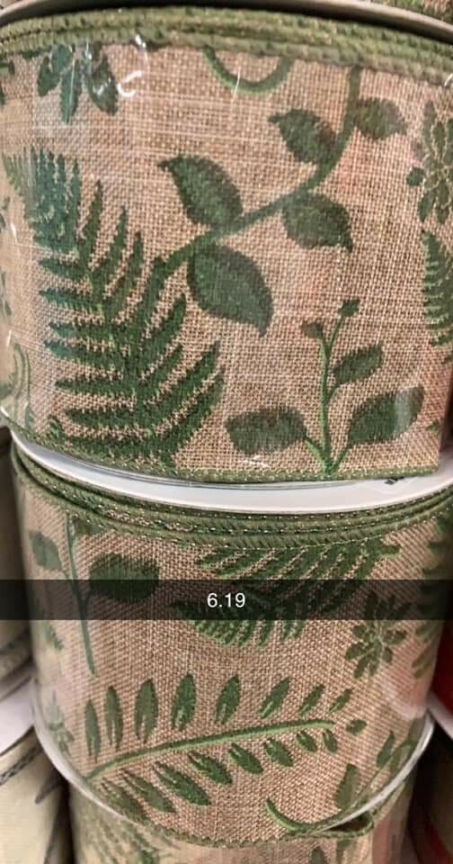 Natural/Green Leaf Print Ribbon-2.5" x 10 Yards
