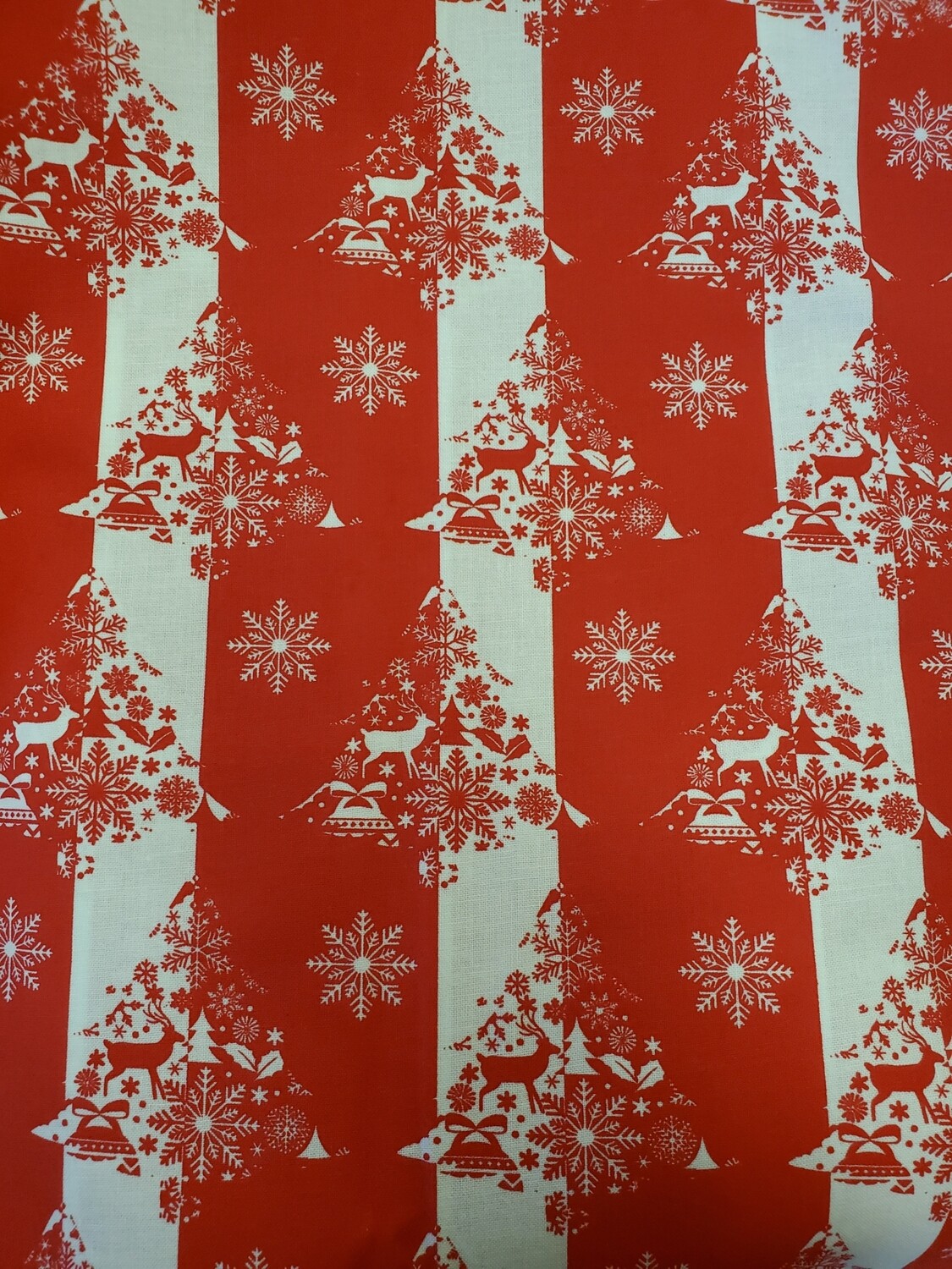 Red and White Christmas Print featuring Tree and Deer