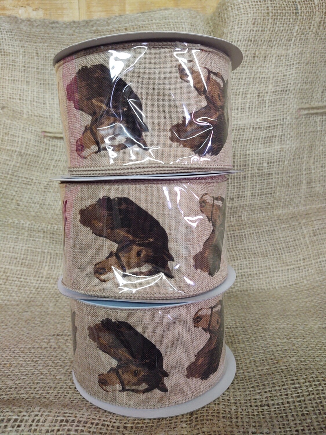 Horse Head Burlap Wired Ribbon, Brown Beige (2.5 Inches X 10 Yards)