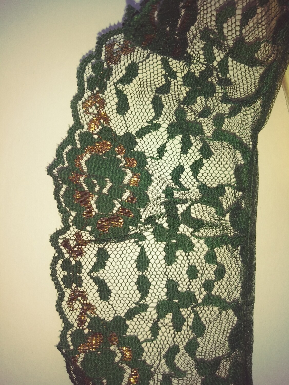 Green Ruffled Lace Trim with Gold Metallic, 3" Wide - 15 Yards