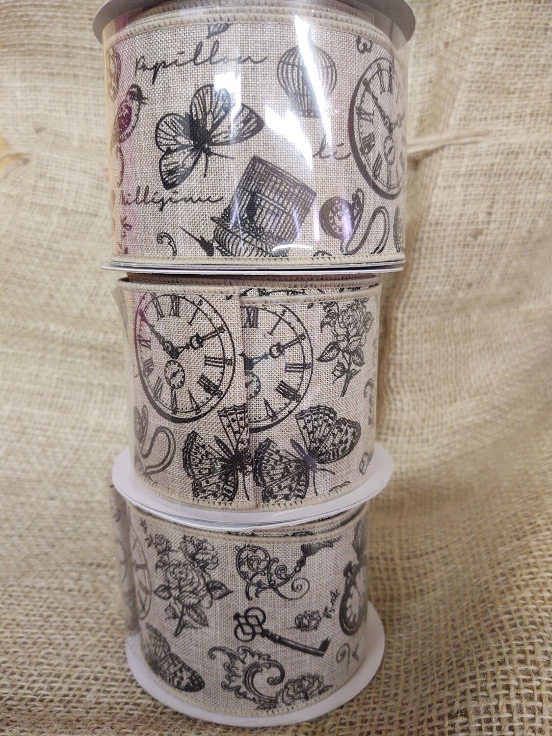 2.5"x 10 yds. Clock Key Print Black on Natural Royal, Wired Ribbon