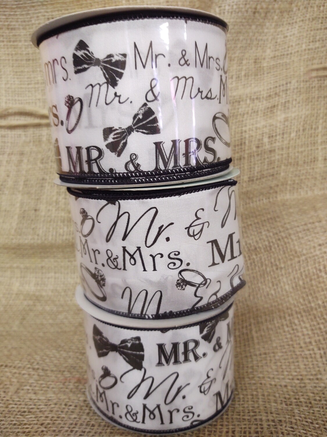 2.5"x10 yds Mr. and Mrs. ribbon black on white wired