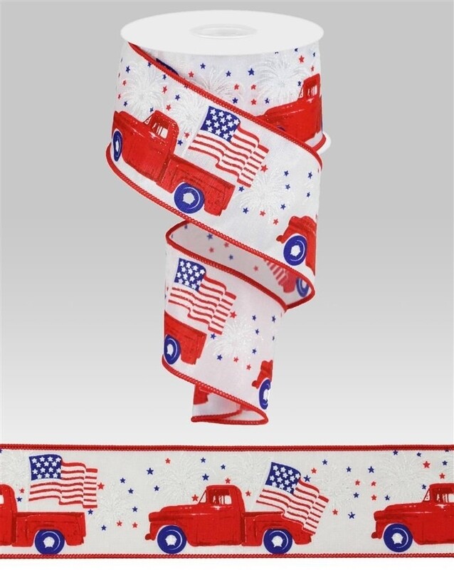 2.5"X10yd Patriotic Truck on ribbon white wired