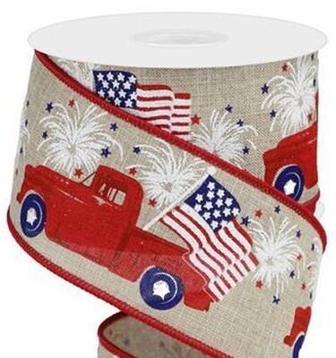 2.5 inch Patriotic Truck on Tan Canvas Ribbon - 10 yds wired