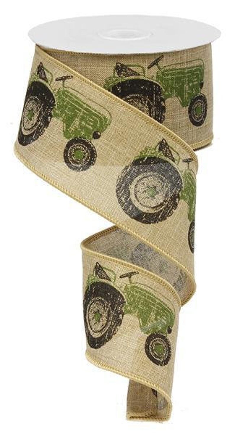 2.5" Tractor Ribbon: Light Beige & Green (10 Yards)wired