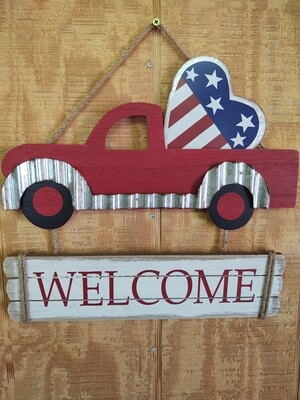 Patriotic Red Truck sign Wood and Metal