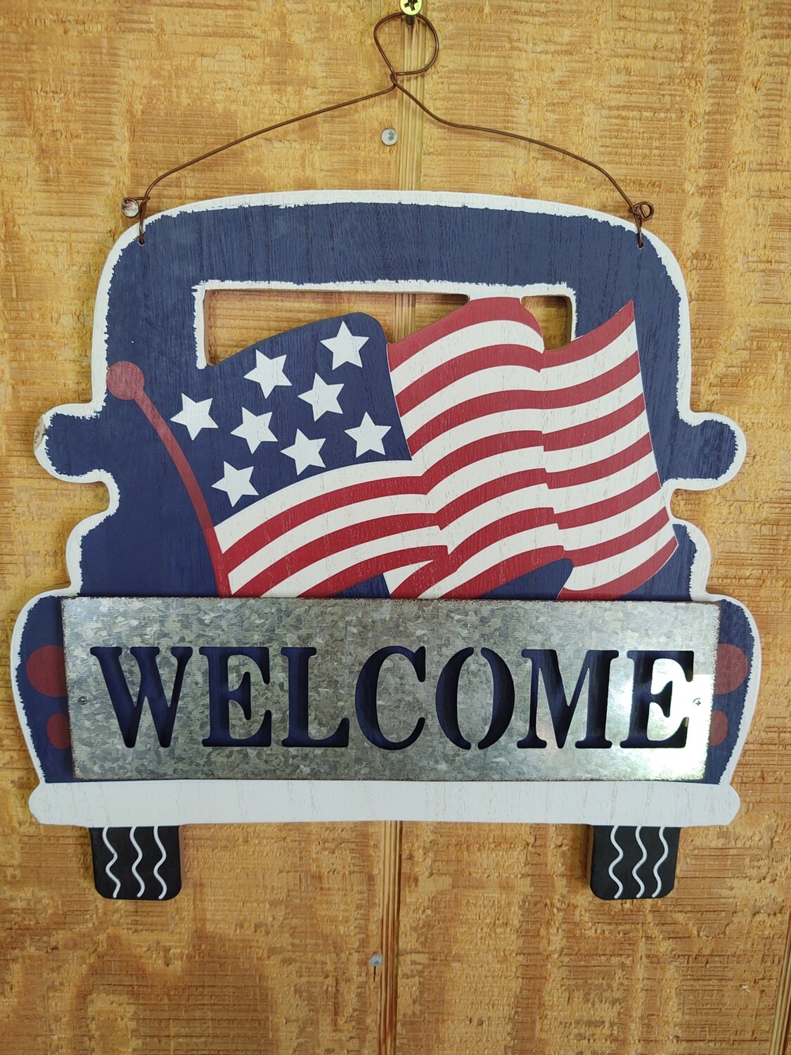 13" Wooden Sign: Welcome Flag On Truck