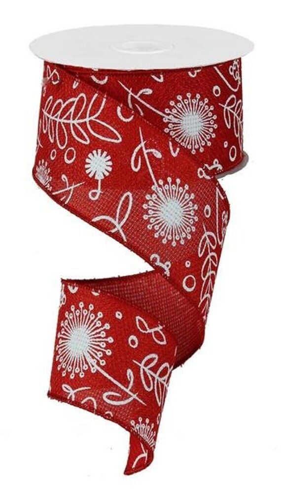 2.5"x 10 yds Red White Plants Royal Ribbon wired