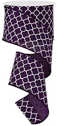 Quatrefoil Wired Canvas Faux Burlap Ribbon 10 Yards X 2.5" (Purple White)