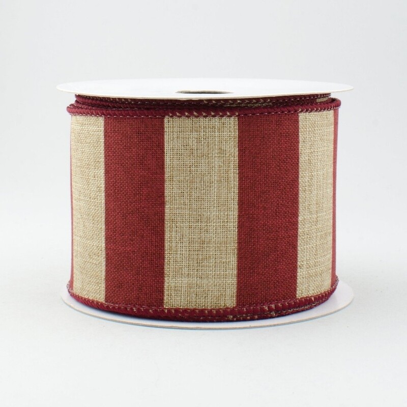 Striped Ribbon Burgundy and Natural 2.5" x 10 Yards wired