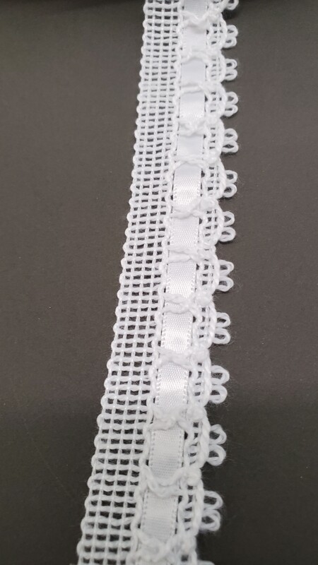 1 inch White Edge Trim with 1/4 in  Satin Ribbon woven through 25 yds.