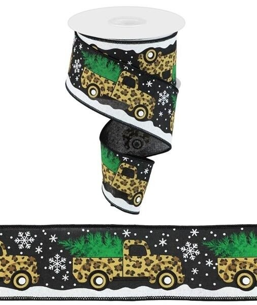 2.5"x 10yds Leopard Print Truck w/ Tree and Snowflakes on Black