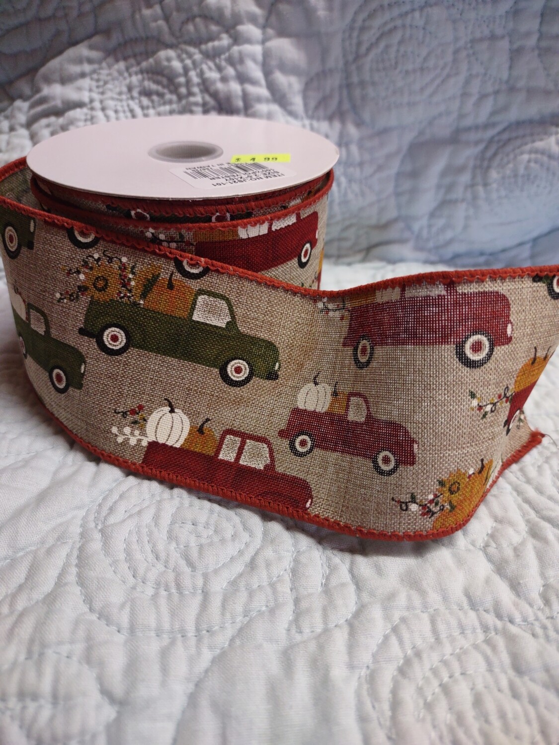 2.5"x 10 yds Red and Green Trucks w/ Pumpkins Ribbon