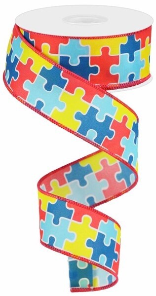 1.5" x 10 Yard Puzzle Pieces Wired Ribbon