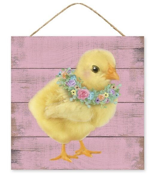 10"Sq Chick W/Floral Wreath Sign