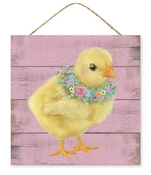 10"Sq Chick W/Floral Wreath Sign