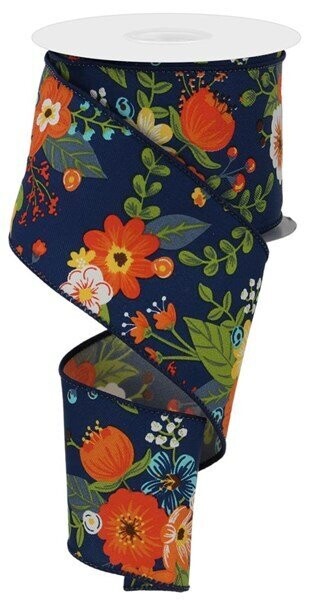 2.5" x 10 Yd Graphic Florals on Blue Wired Ribbon