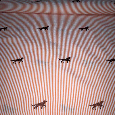 Seersucker In Orange Stripe With Embroidered Dogs In 60” Wide