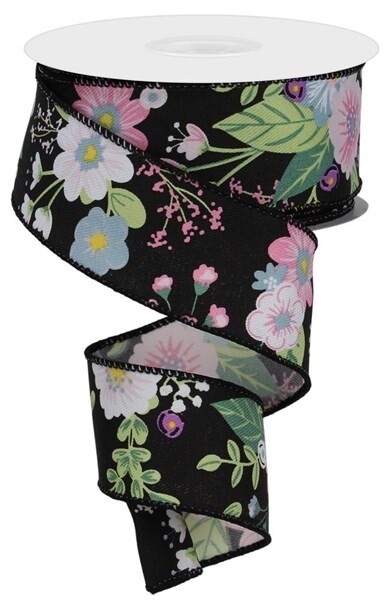 Graphic Florals Ribbon on Black, 1.5" x 10 Yds