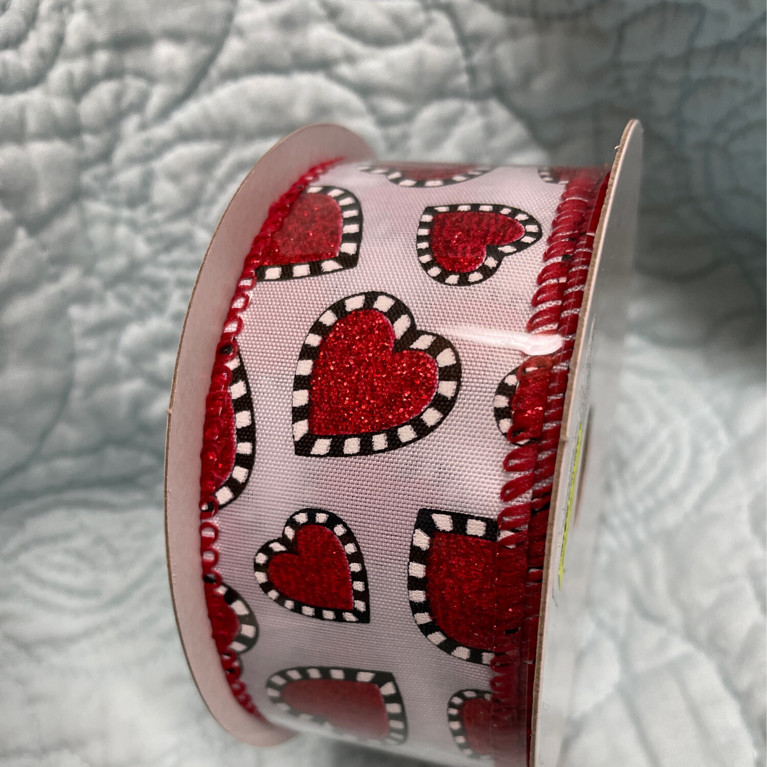 1.5" x 10 Yd White with Red Glitter Heart Wired Ribbon