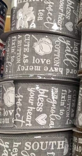 "Southern Charm" Grey Ribbon  2.5" x 10 Yards.