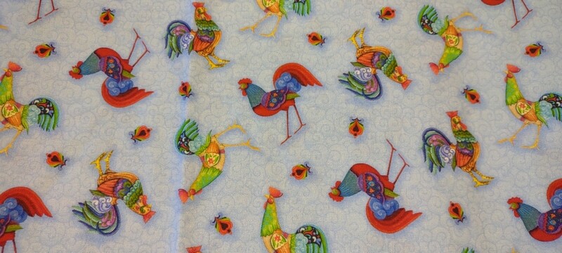 Awaken the Day, Tossed Roosters in Light Blue by Jim Shore for Benartex