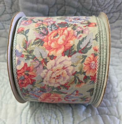 Aqua With Pink Florals Wired # 40 Cloth Vintage Ribbon
