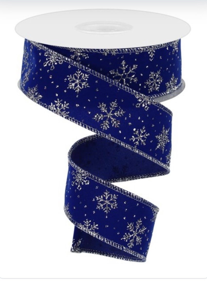 Glitter Snowflakes On Blue Velvet 1.5 X 10 Yds. Wired