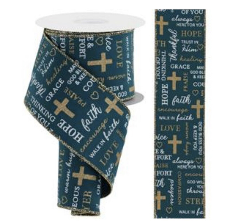 Religious Words On Teal Royal With Gold Glitter Edge. 2.5 X 10 Yds. Wired