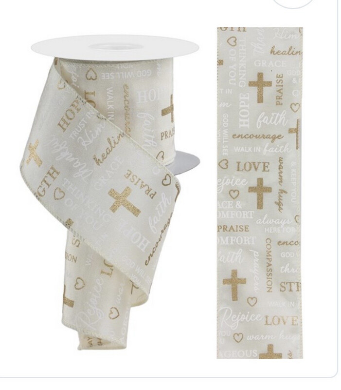 Ivory Religious Words 2.5 X 10 Yds. Wired Polyester