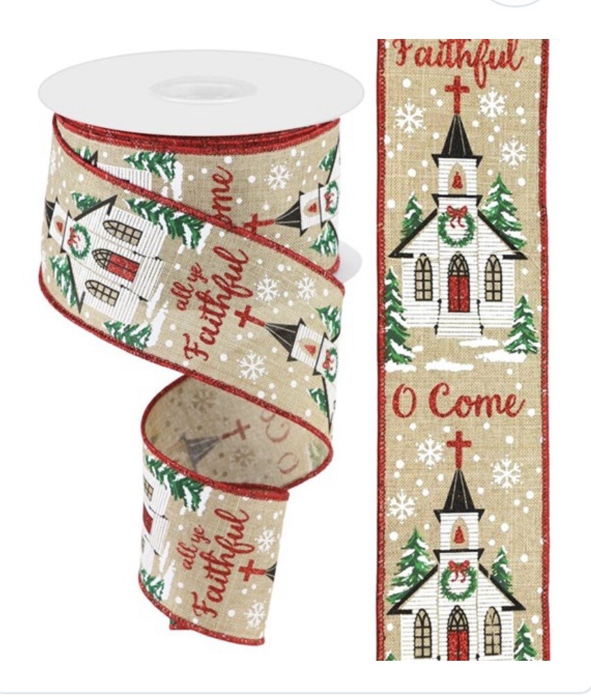 O Come All Ye Faithful Ribbon  in Light Beige2.5" x 10 Yds