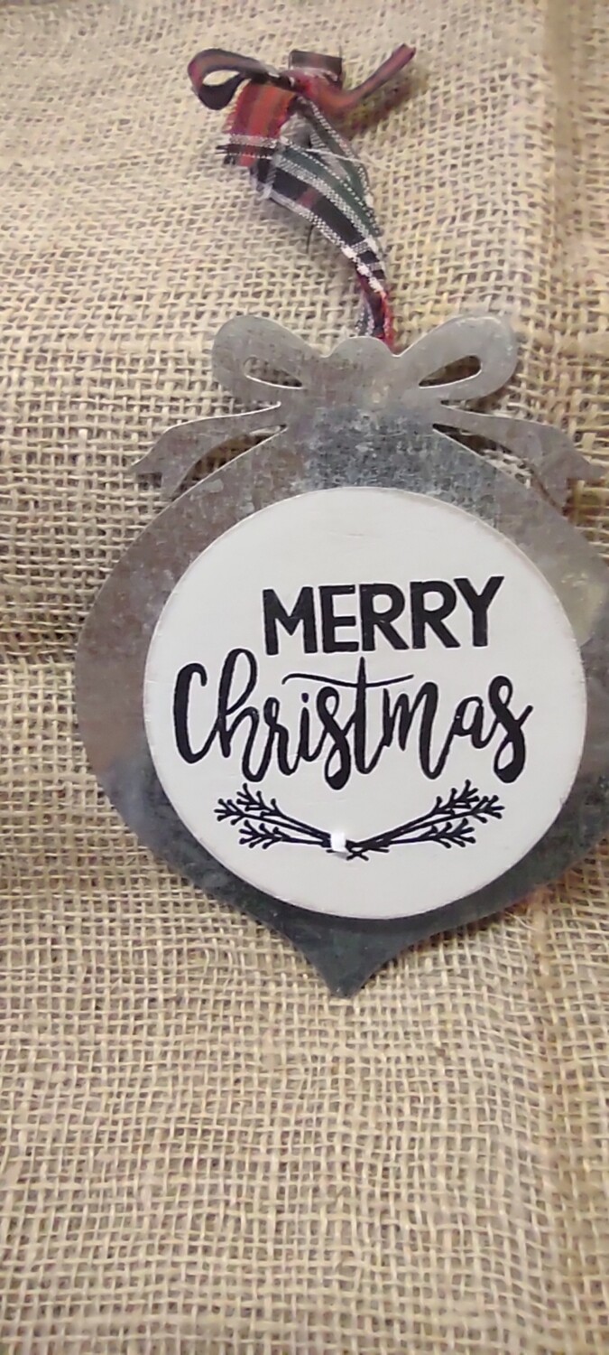 Merry Christmas Wood/Metal Ornament, 5" x 6"