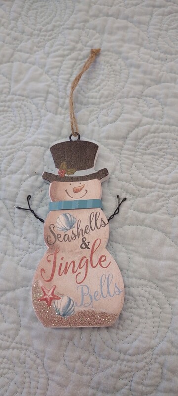 Seashells & Jingle Bells Snowman Ornament, 5" x 3"