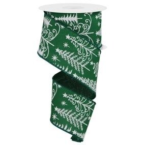 Multi Trees/Faux Royal Burlap, 2.5" x 10 Yds, Green/White