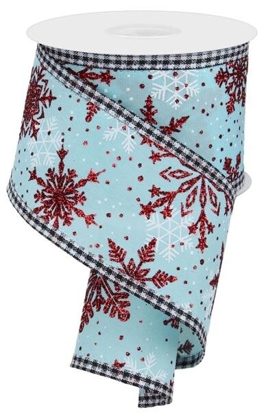 Multi Snowflake with Gingham, Soft Turquoise, 2.5" x 10 Yards