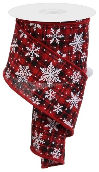 White Snowflakes on Check, Red/Black/White, 2.5" x 10 Yards