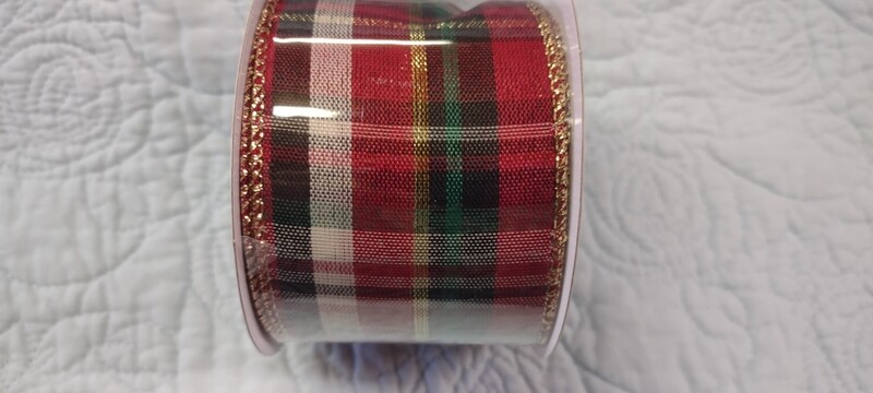 Plaid Ribbon, Red/Green/Black/White/Gold, 2.5" x 10 Yards