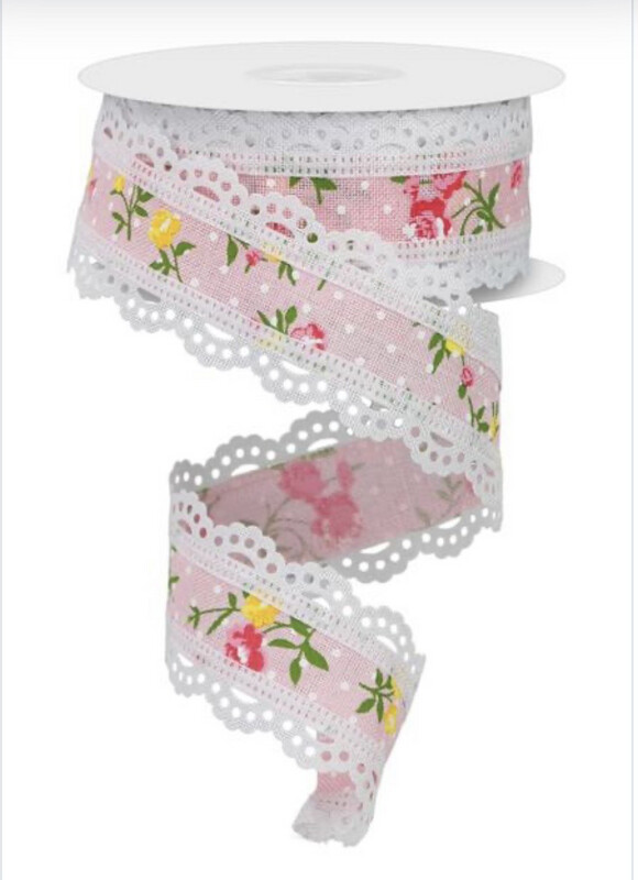 Pale Pink Multi Vintage Floral Lace 1.5 X 10 Yds. Wired
