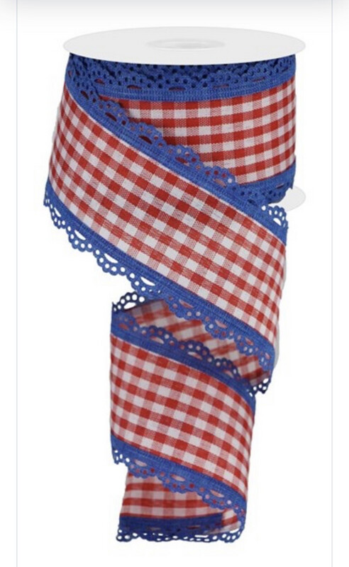 Scalloped Edge Gingham In Red White Blue 2.5 X 10 Yds. Wired