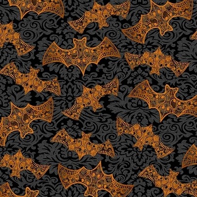 Mystery Manor Halloween Flying Bats Fabric in Pumpkin by Andover