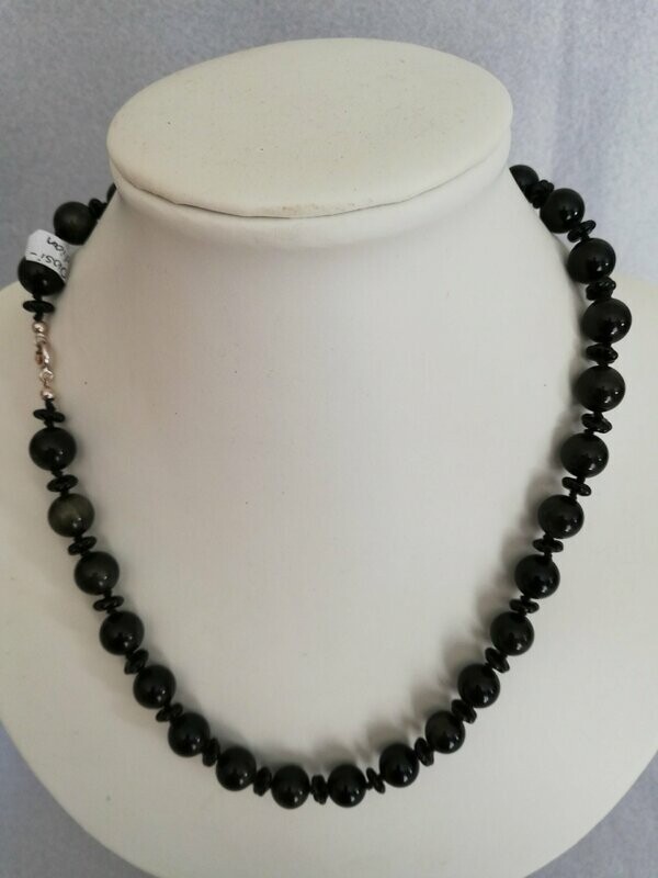 Obsidian-Kette 001, Kugeln und Blüten Obsidian-Kette 001, Kugeln und Blüten